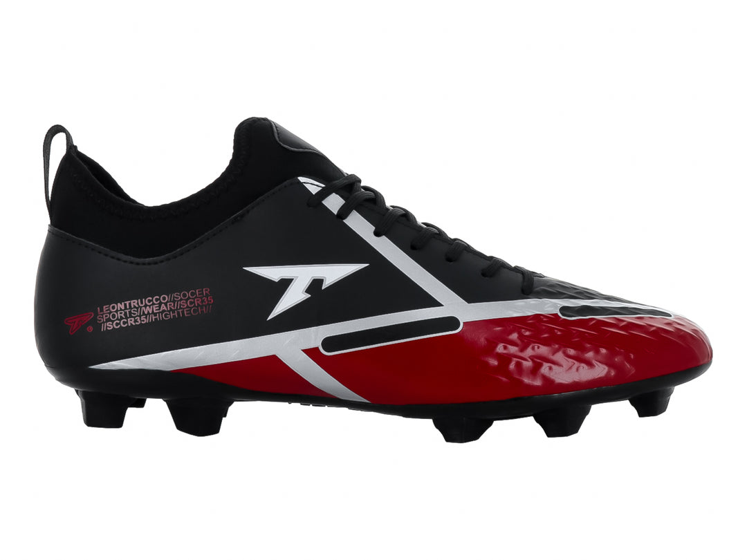 Zapato de fútbol Leon Trucco en color negro con detalles en rojo y blanco, diseño moderno con tacos para césped.