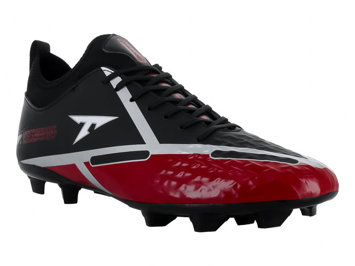 Zapato de fútbol Leon Trucco en color negro con detalles en rojo y blanco, diseño moderno con tacos para césped.