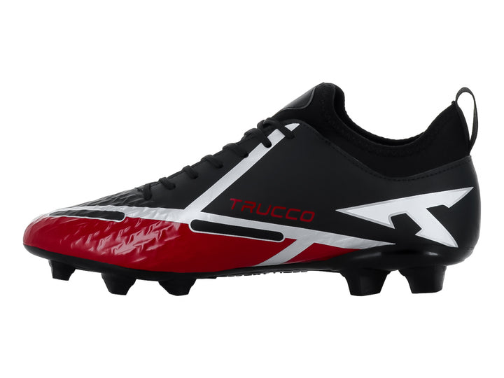 Zapato de fútbol Leon Trucco en color negro con detalles en rojo y blanco, diseño moderno con tacos para césped.