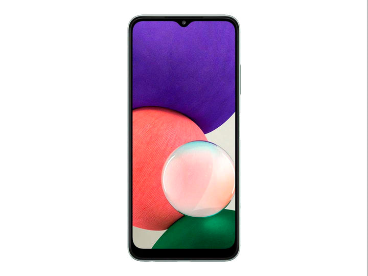 Teléfono inteligente Samsung Galaxy A22 en color verde, vista frontal y trasera sobre fondo blanco.