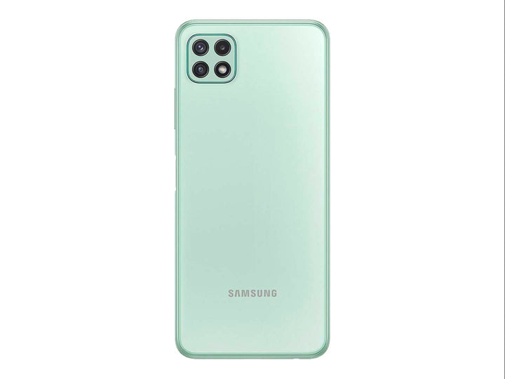 Teléfono inteligente Samsung Galaxy A22 en color verde, vista frontal y trasera sobre fondo blanco.