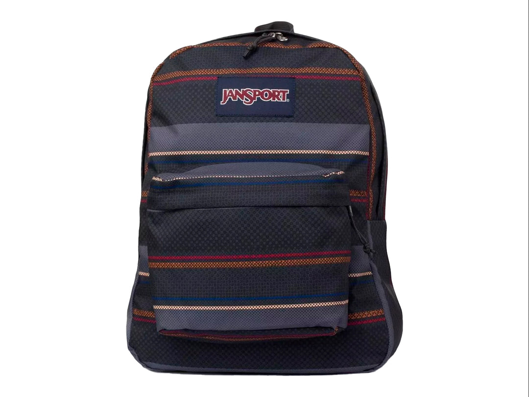 Mochila JanSport Superbreak en color multicolor con diseño de rayas horizontales y bolsillo frontal.