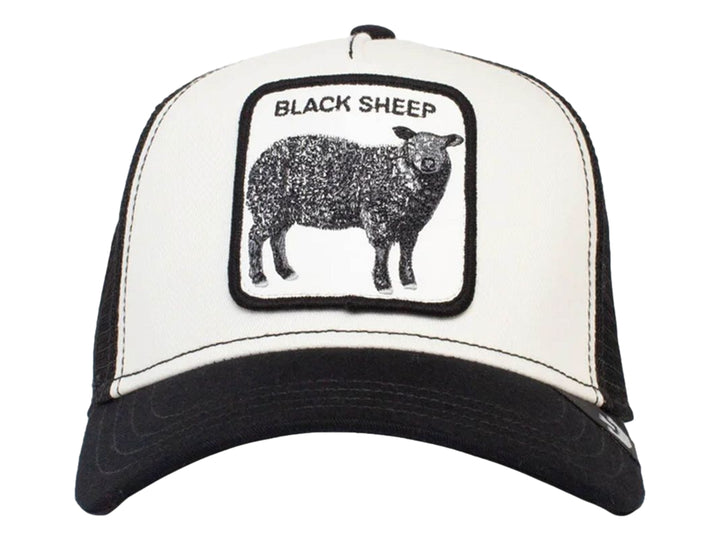 Gorra Goorin Bros blanco y negro con parche frontal de oveja negra y texto BLACK SHEEP.