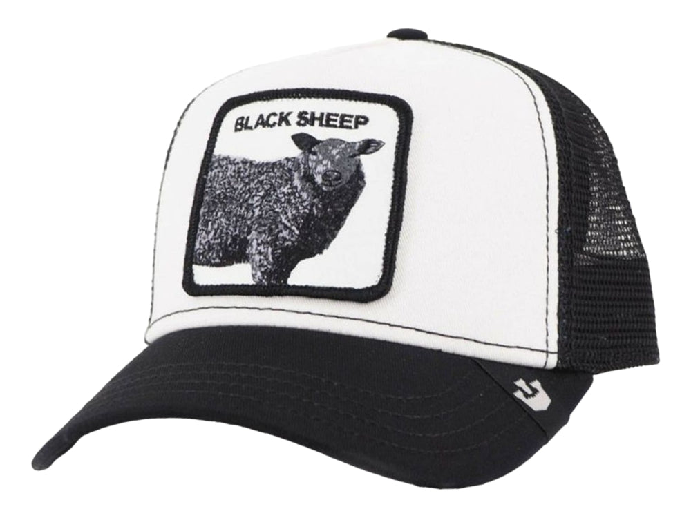 Gorra Goorin Bros blanco y negro con parche frontal de oveja negra y texto BLACK SHEEP.