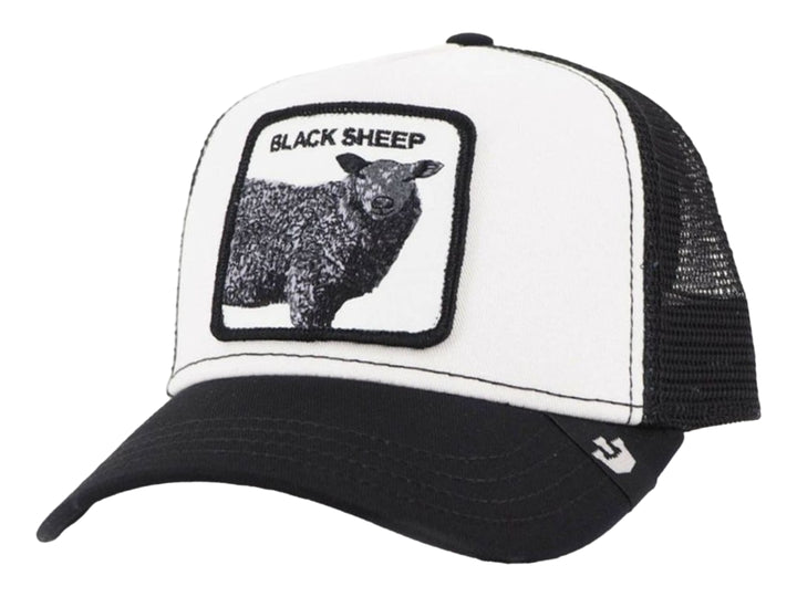 Gorra Goorin Bros blanco y negro con parche frontal de oveja negra y texto BLACK SHEEP.