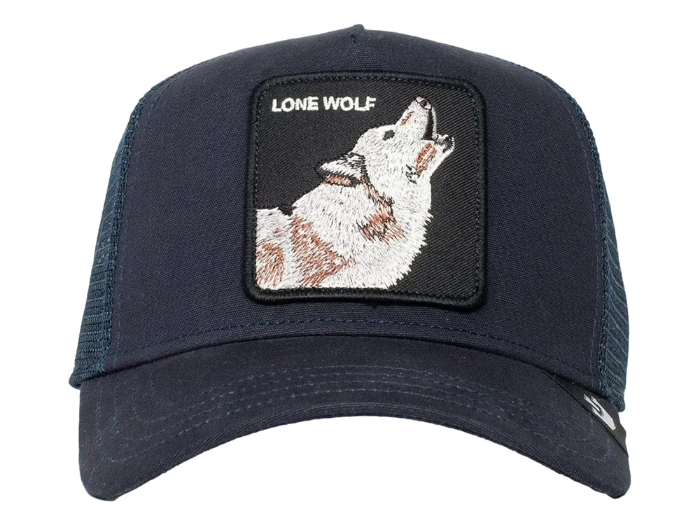 Gorra Goorin Bros color azul marino con parche frontal de un lobo y parte posterior de malla.