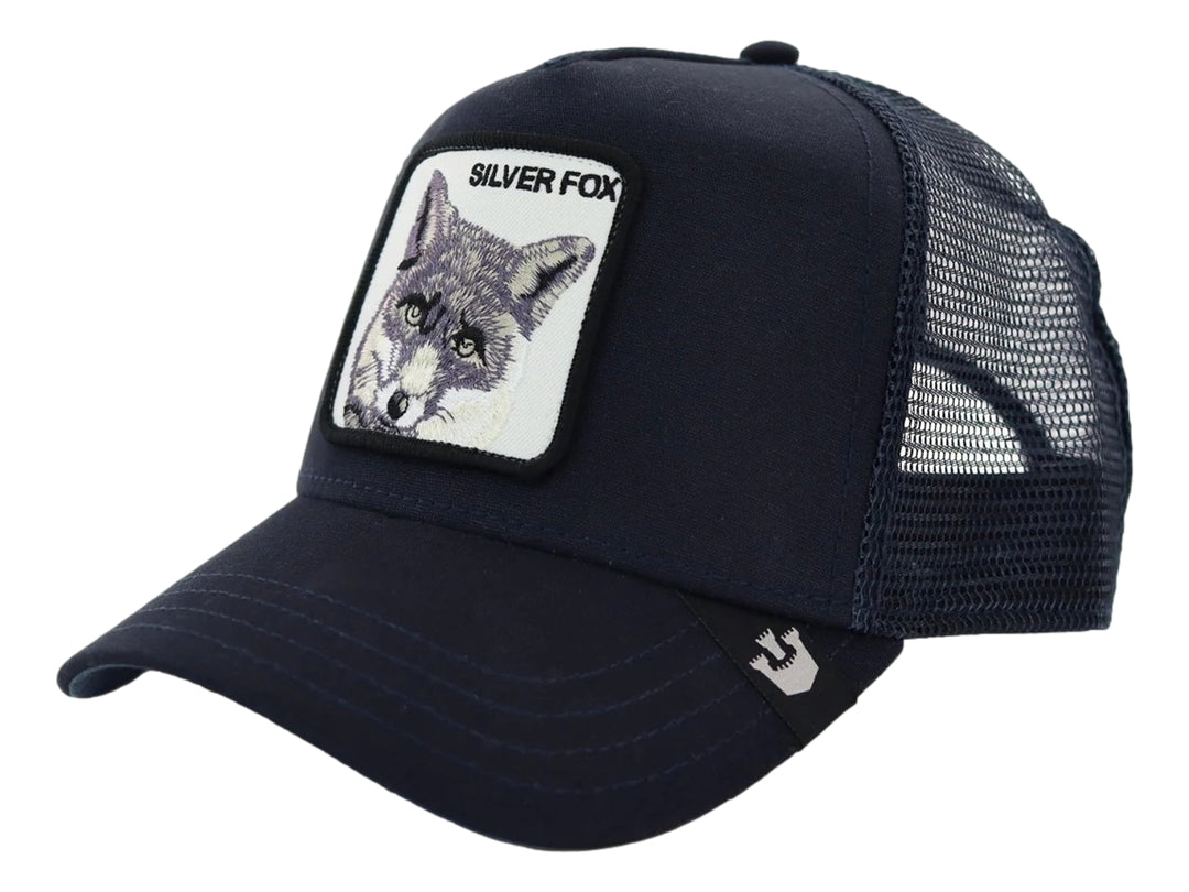 Gorra Goorin Bros color navy con parche de zorro plateado y parte posterior de malla.