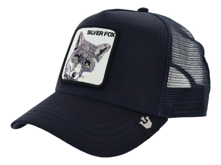 Gorra Goorin Bros color navy con parche de zorro plateado y parte posterior de malla.