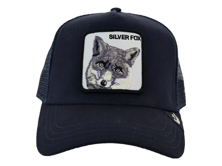 Gorra Goorin Bros color navy con parche de zorro plateado y parte posterior de malla.