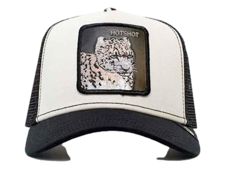Gorra Goorin Bros blanca y negra con parche frontal de leopardo y malla trasera.