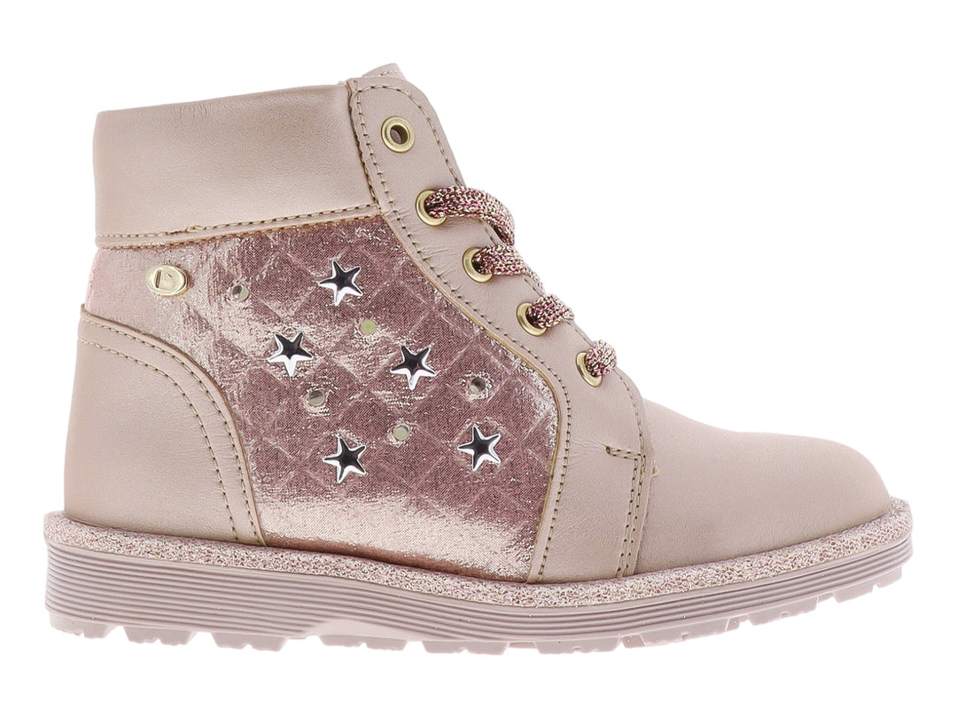 Bota para niña en color oro rosado con detalles de estrellas blancas y agujetas brillantes.