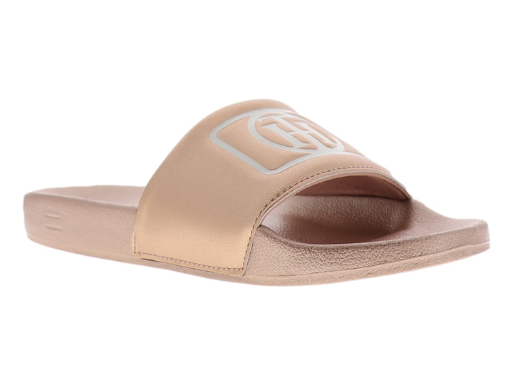 Sandalia tipo slide Tommy Hilfiger en color rosegold con acabado brillante y logo frontal.