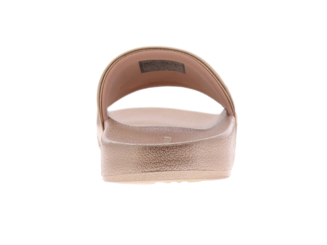 Sandalia tipo slide Tommy Hilfiger en color rosegold con acabado brillante y logo frontal.