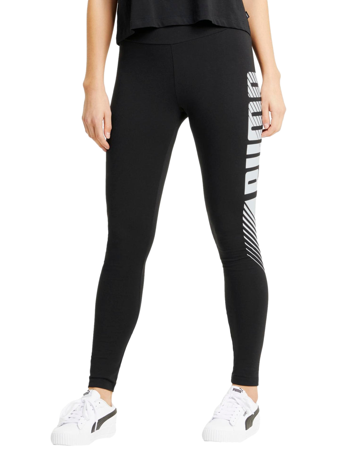 Mallas deportivas PUMA color negro con gráfico blanco en la pierna izquierda, ajustadas al cuerpo.