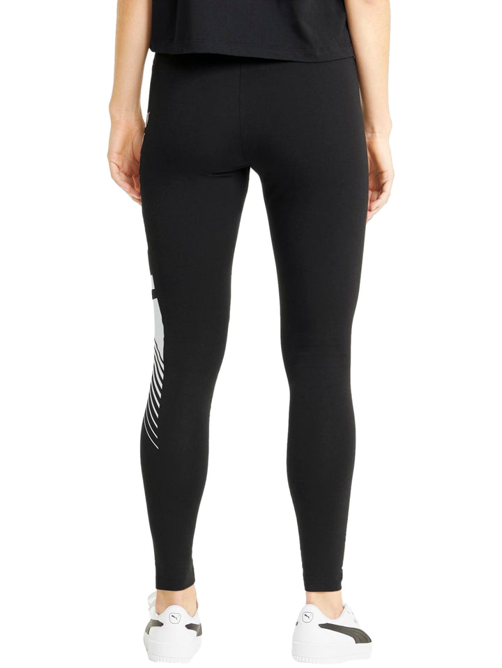 Mallas deportivas PUMA color negro con gráfico blanco en la pierna izquierda, ajustadas al cuerpo.