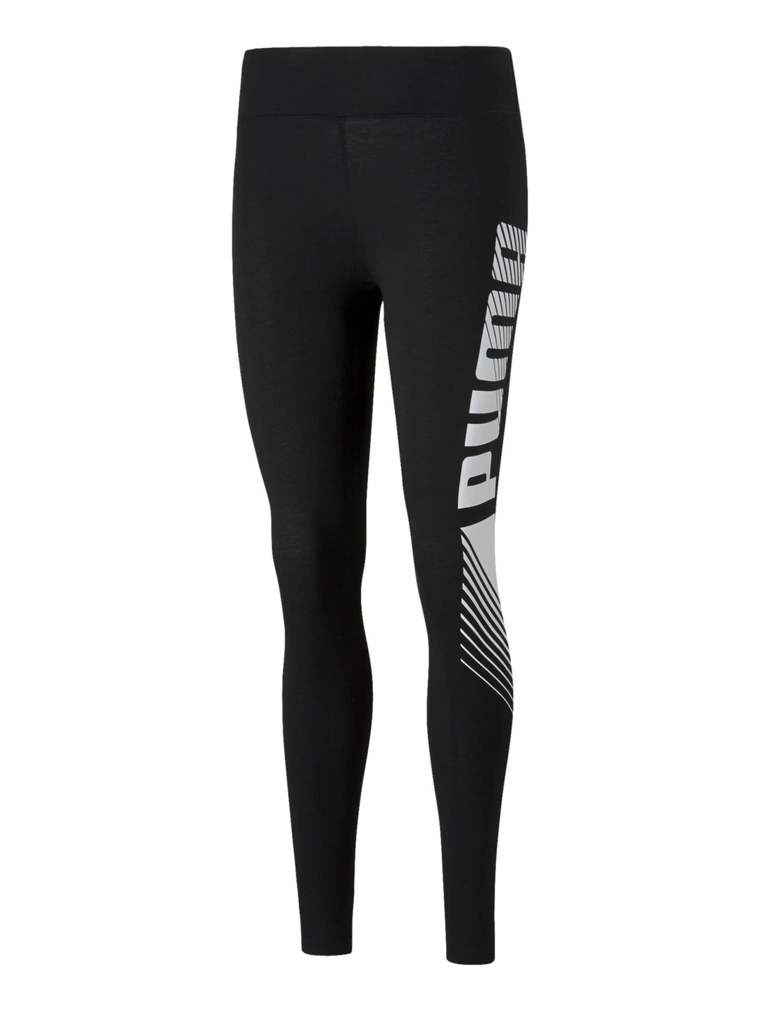 Mallas deportivas PUMA color negro con gráfico blanco en la pierna izquierda, ajustadas al cuerpo.