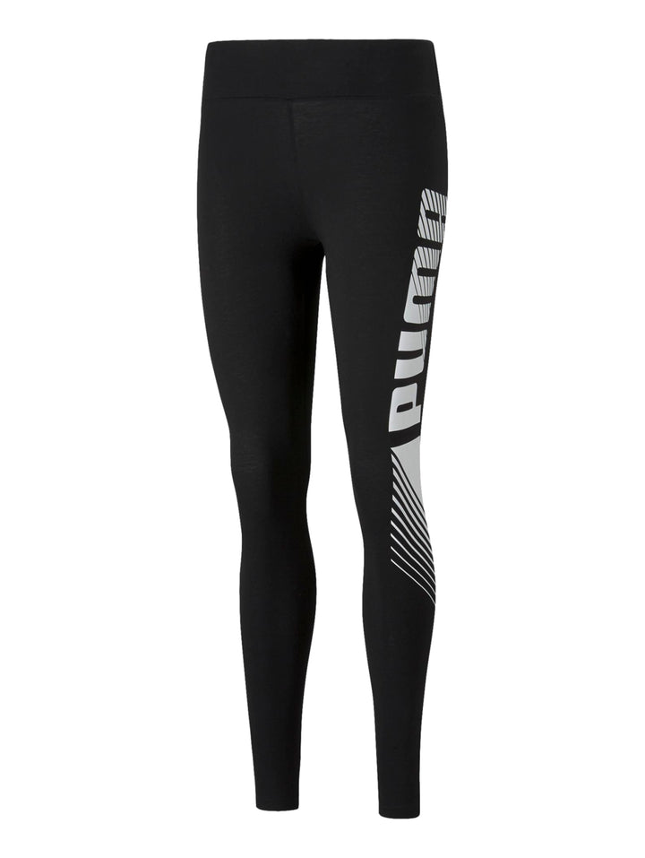 Mallas deportivas PUMA color negro con gráfico blanco en la pierna izquierda, ajustadas al cuerpo.