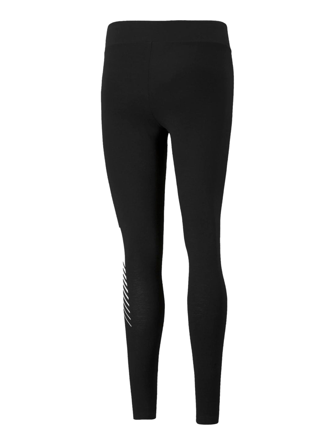 Mallas deportivas PUMA color negro con gráfico blanco en la pierna izquierda, ajustadas al cuerpo.