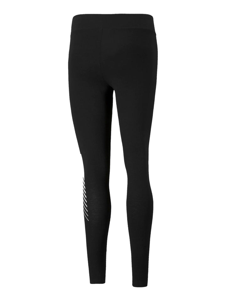 Mallas deportivas PUMA color negro con gráfico blanco en la pierna izquierda, ajustadas al cuerpo.