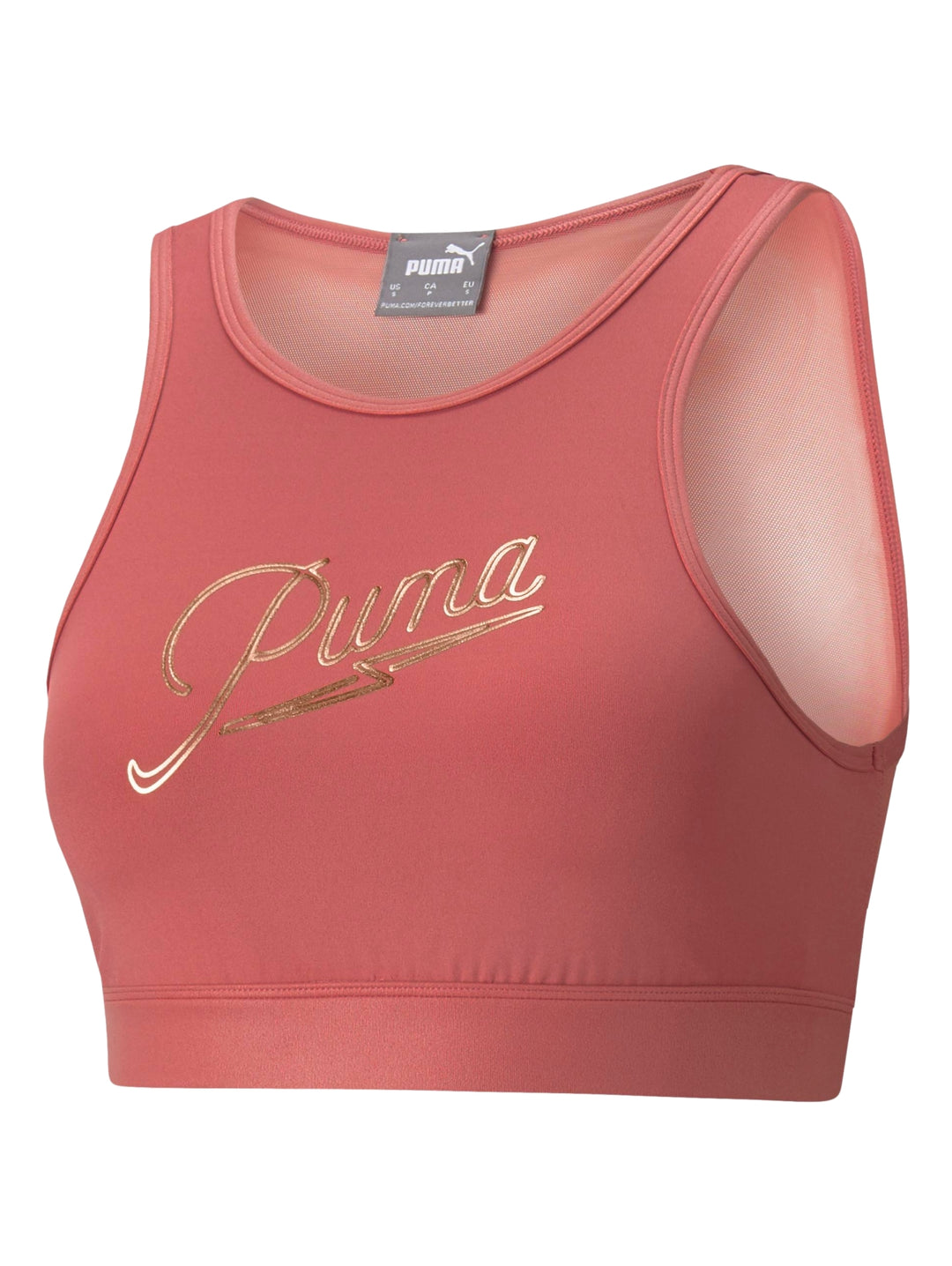 Conjunto deportivo PUMA en color mauvewood compuesto por un bra top y leggings ajustados para mujer.