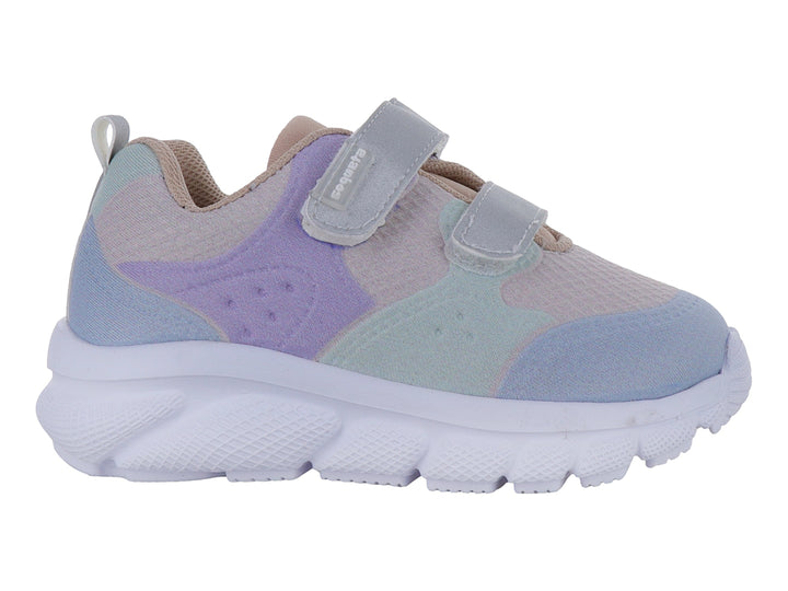 Tenis deportivos infantiles multicolor en tonos pastel con cierre de velcro y suela blanca.