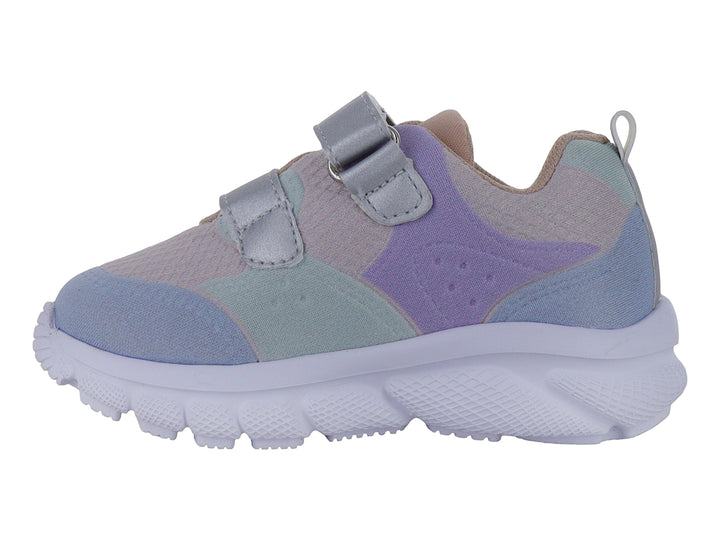 Tenis deportivos infantiles multicolor en tonos pastel con cierre de velcro y suela blanca.