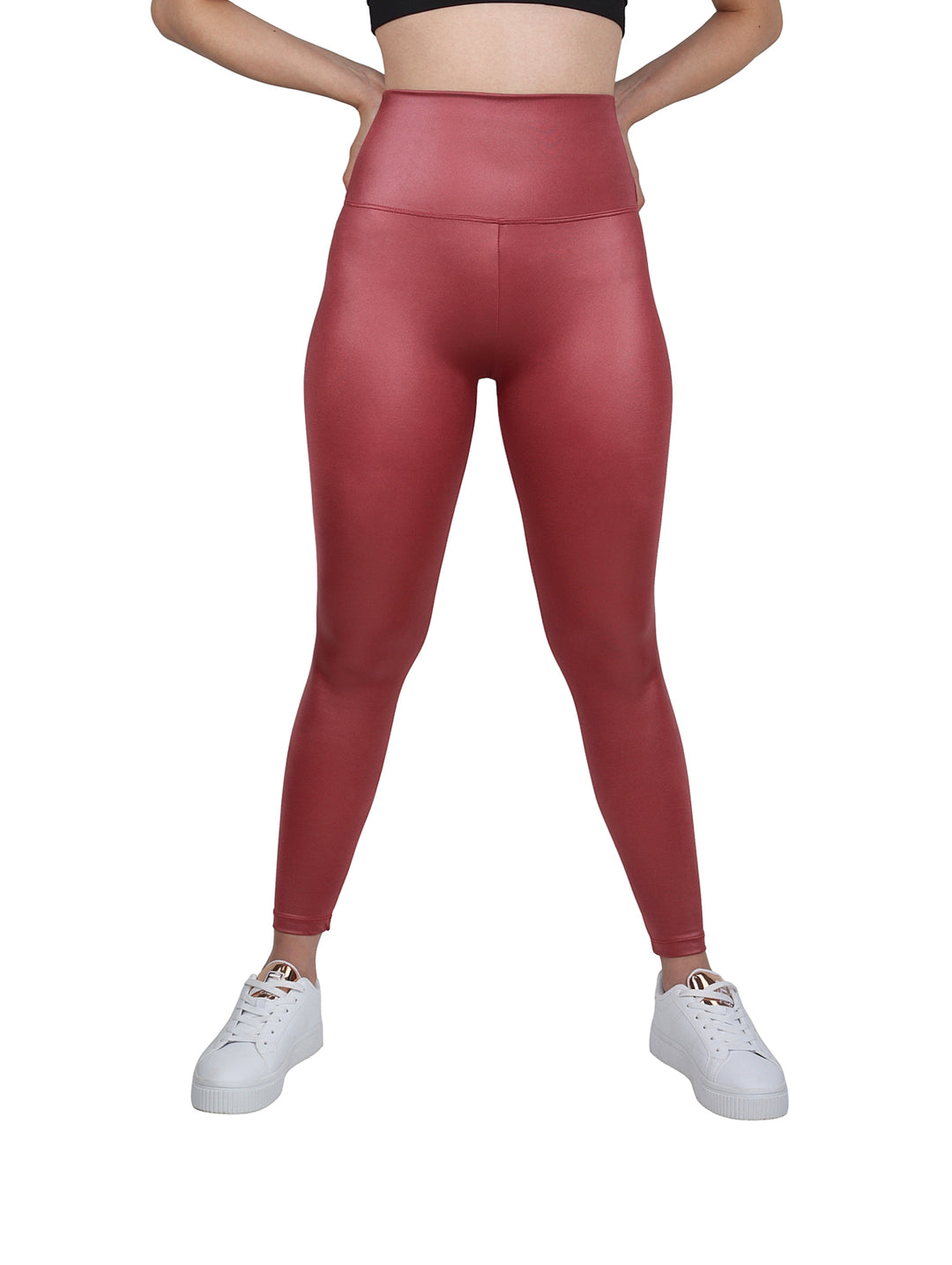 Leggings ajustados de color malva con acabado brillante y cintura alta.
