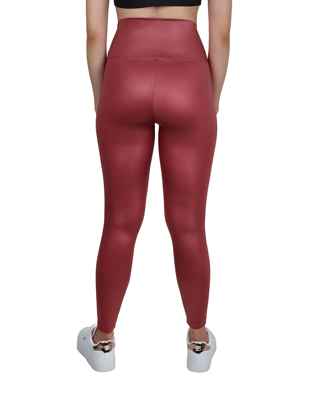 Leggings ajustados de color malva con acabado brillante y cintura alta.