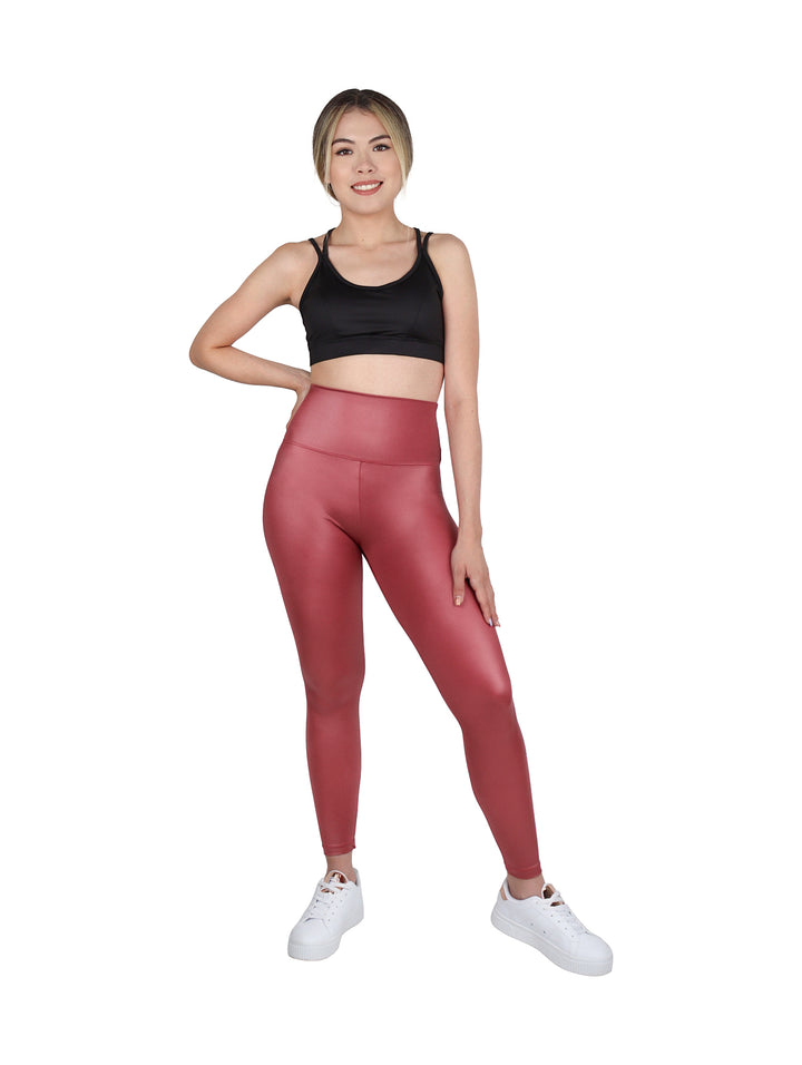 Leggings ajustados de color malva con acabado brillante y cintura alta.