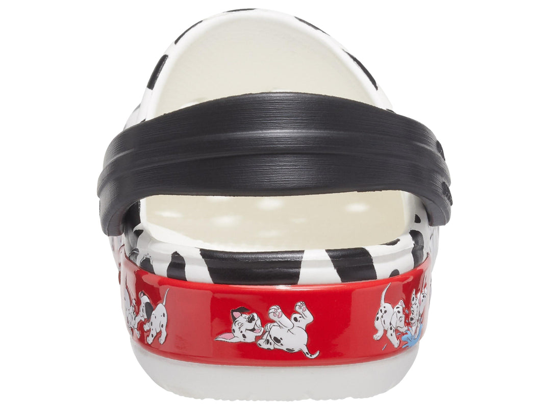 Zueco Crocs blanco con manchas negras y base roja con ilustraciones de los 101 dálmatas.