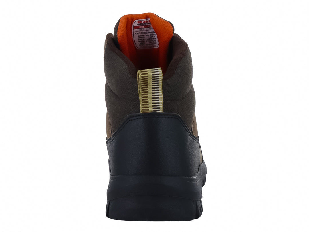 Bota color café con suela negra y detalles en naranja, diseño robusto.