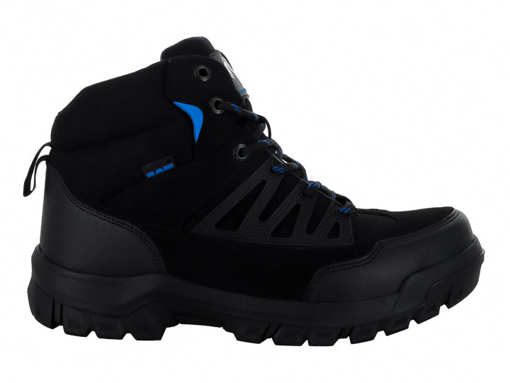 Bota deportiva RAM color negro con detalles en azul y suela robusta.