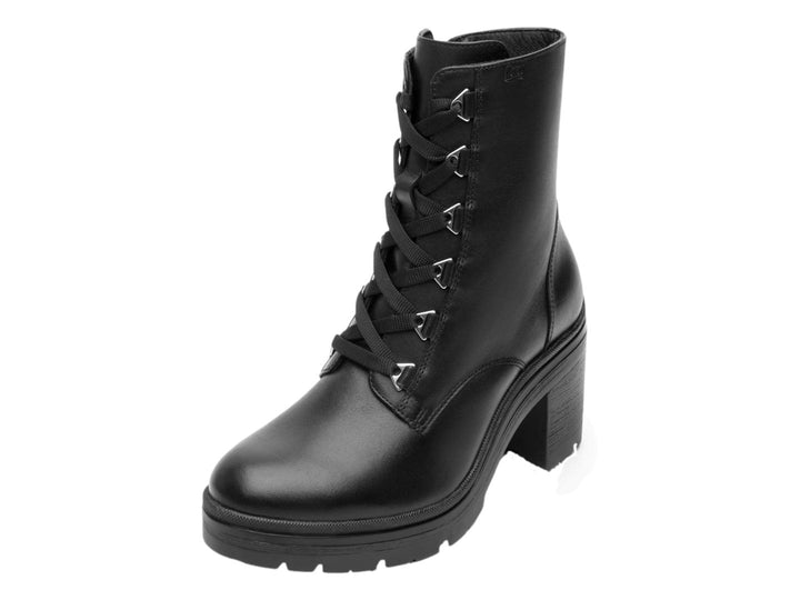 Bota negra de cuero para mujer con agujetas y tacón grueso cuadrado sobre fondo blanco.