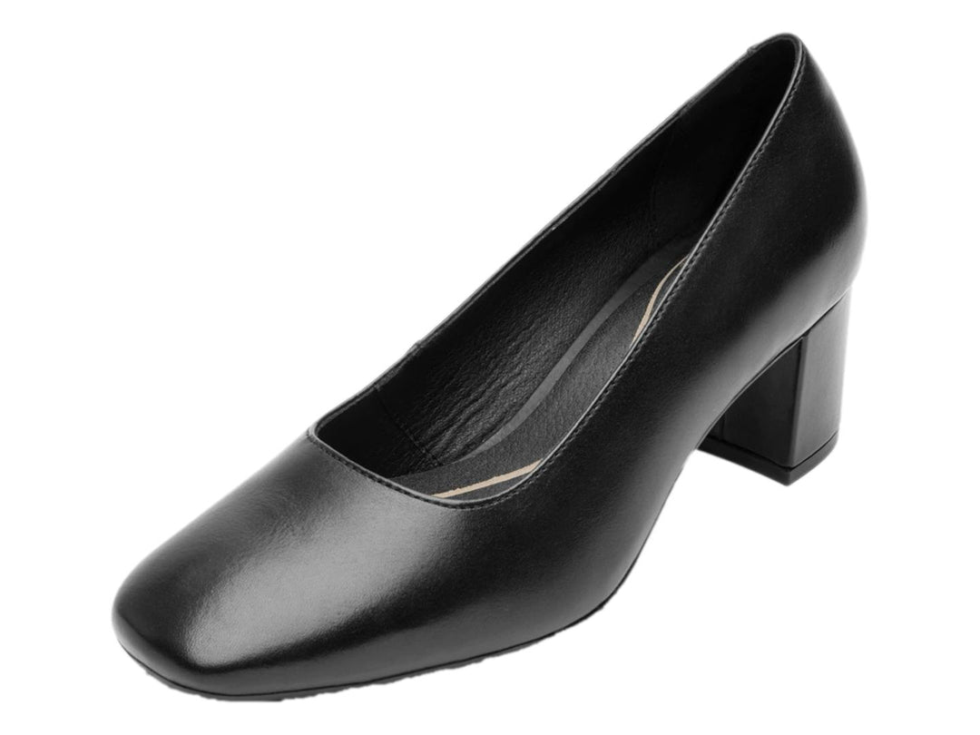 Zapato de tacón cuadrado color negro en cuero liso con punta redondeada para Mujer.