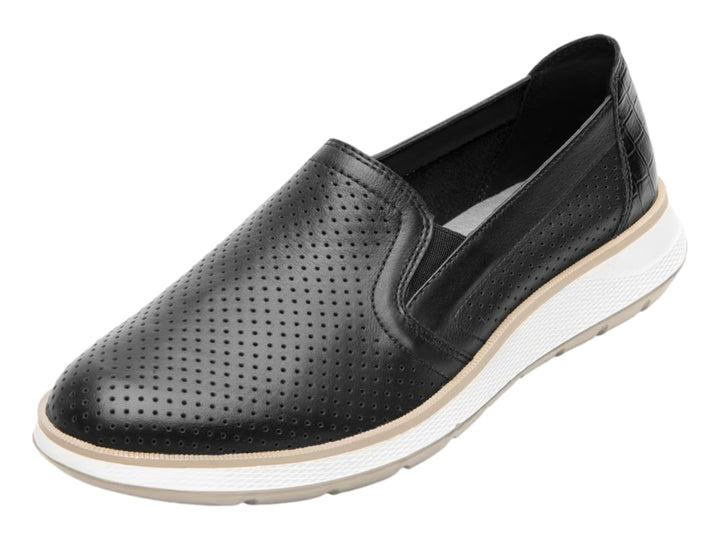 Zapato plano Flexi color negro de cuero perforado con suela blanca y beige para mujer.