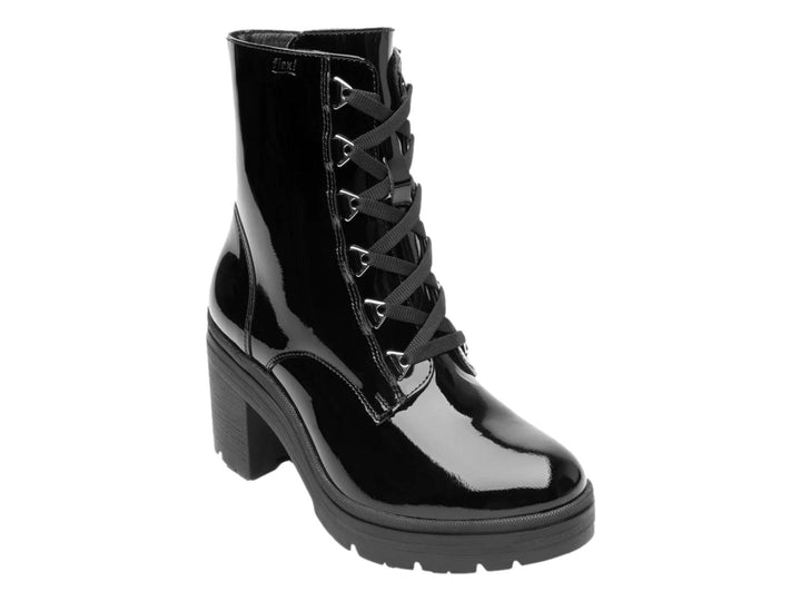 Botas negras de charol brillante con agujetas y tacón medio para Mujer.