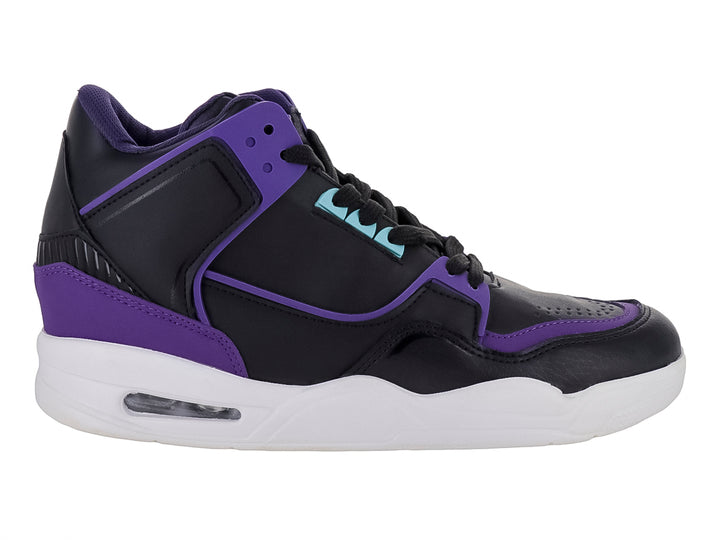 Tenis deportivos marca NEWK en colores negro y morado con suela blanca y detalles en azul claro.