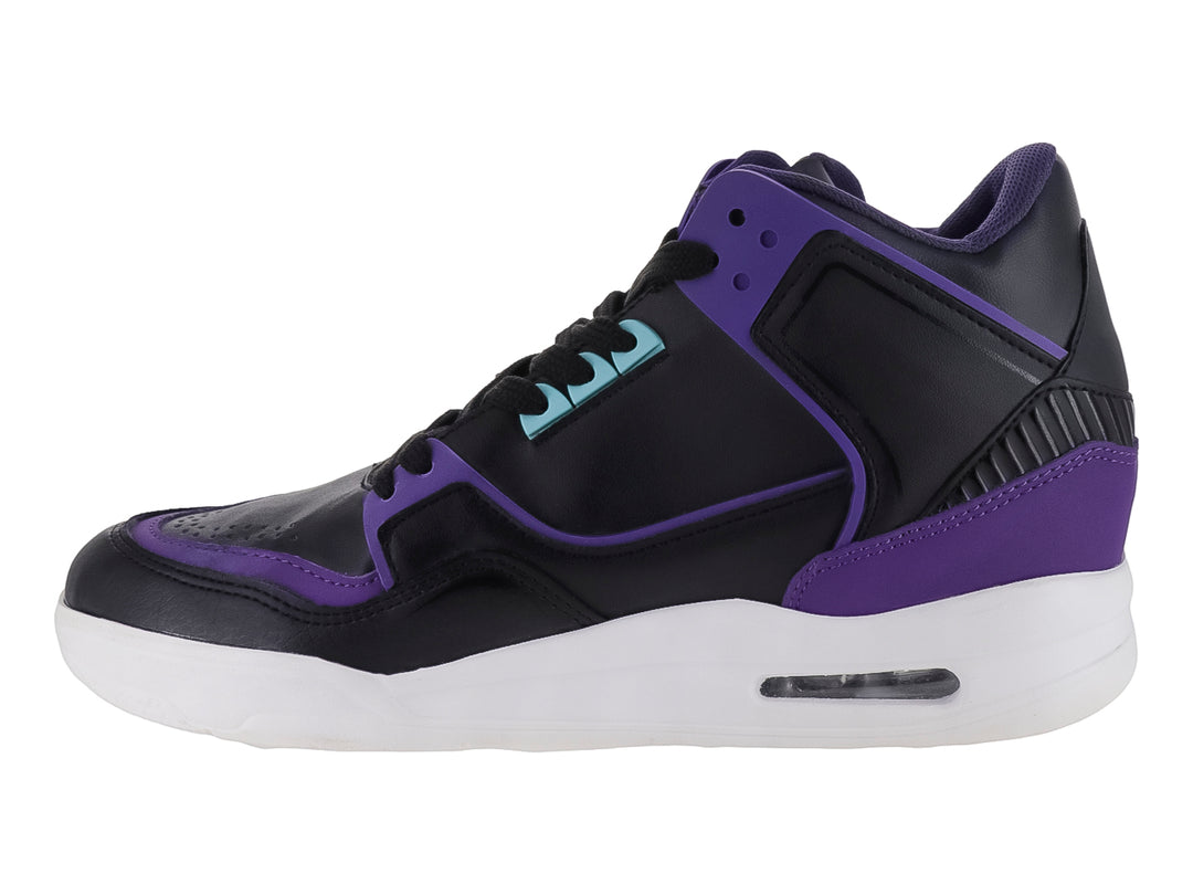 Tenis deportivos marca NEWK en colores negro y morado con suela blanca y detalles en azul claro.