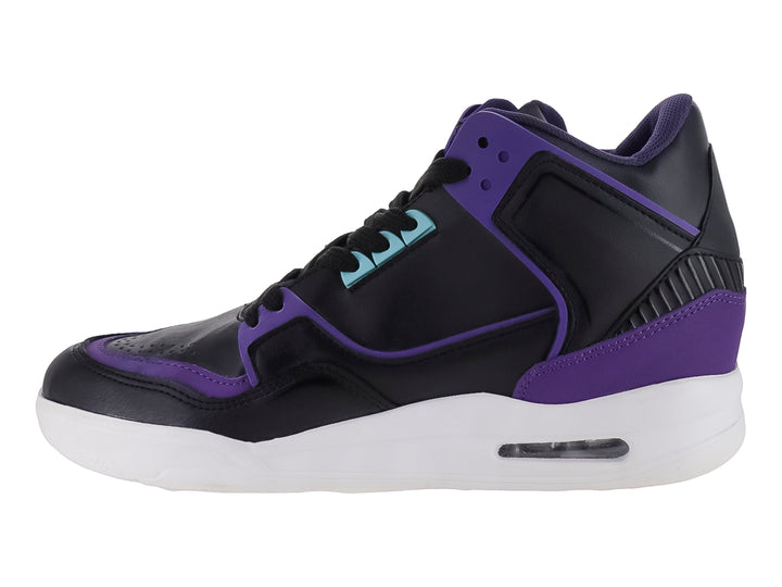 Tenis deportivos marca NEWK en colores negro y morado con suela blanca y detalles en azul claro.