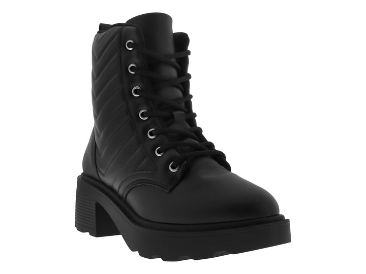 Botas negras de cuero Vizzano con suela track, tacón grueso y detalles acolchados laterales.