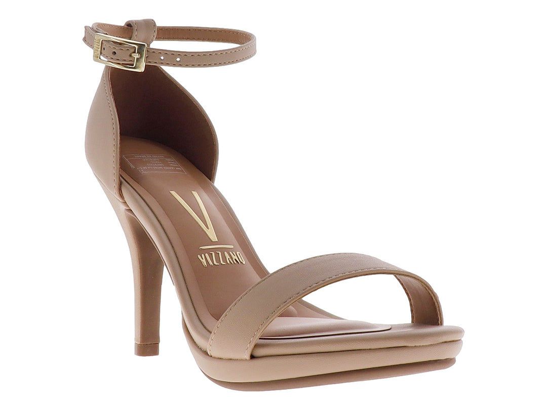 Sandalia de tacón alto color beige con correa ajustable al tobillo y diseño minimalista para mujer.
