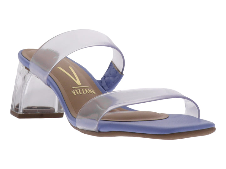 Sandalia Vizzano de tacón cuadrado transparente con tiras de PVC cristal y suela azul.