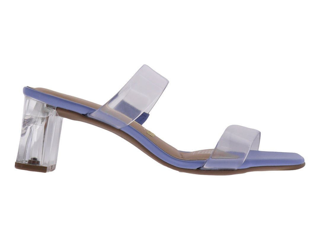 Sandalia Vizzano de tacón cuadrado transparente con tiras de PVC cristal y suela azul.