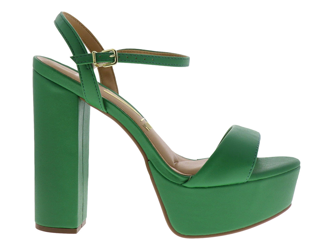 Sandalia de plataforma color verde con tacón grueso y correa ajustable al tobillo marca Vizzano.