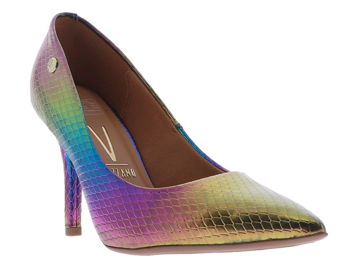 Zapato de tacón alto Vizzano con acabado multicolor metalizado y textura de piel de cocodrilo.