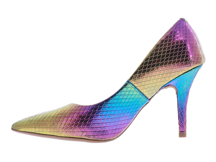 Zapato de tacón alto Vizzano con acabado multicolor metalizado y textura de piel de cocodrilo.