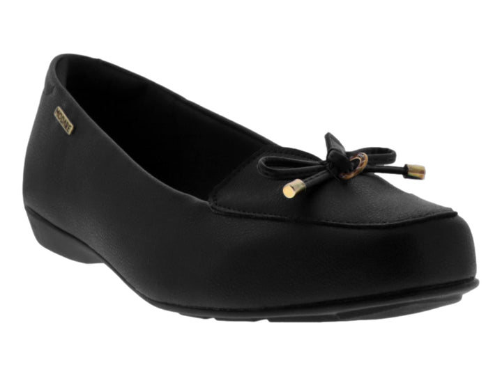 Zapato plano negro para mujer de la marca Modare con detalle de moño y puntas doradas.