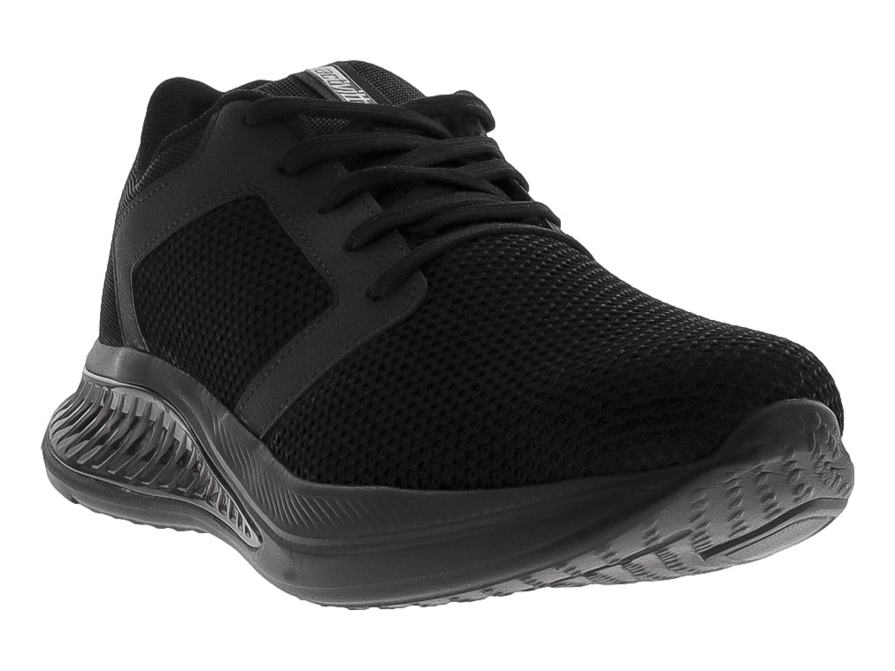 Tenis deportivos color negro con malla transpirable y suela texturizada.