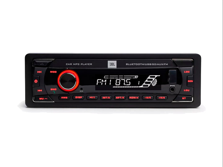 Autoestéreo JBL Celebrity 100 color negro con pantalla digital y detalles en rojo.