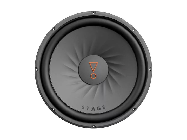 Subwoofer JBL Stage de 12 pulgadas en color negro con detalles naranjas en el centro y forma circular.